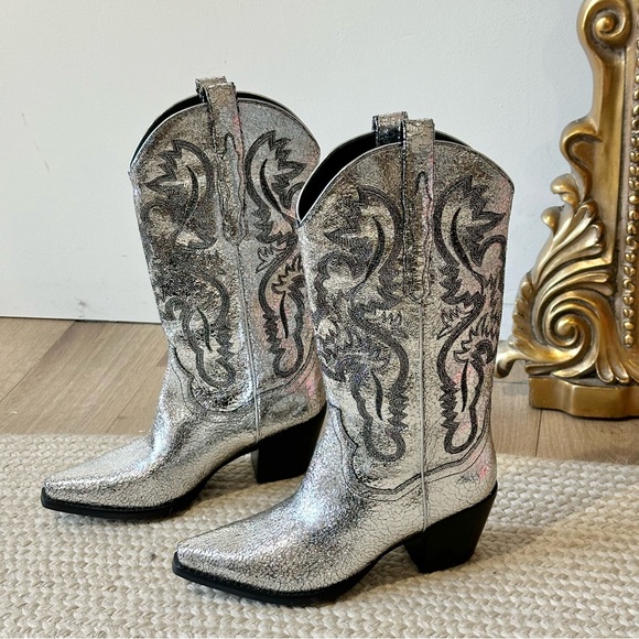 NWT New Jeffrey Campbell Dagget Western Silver Metallic Cowboy Boots Free People - Picture 4 of 10